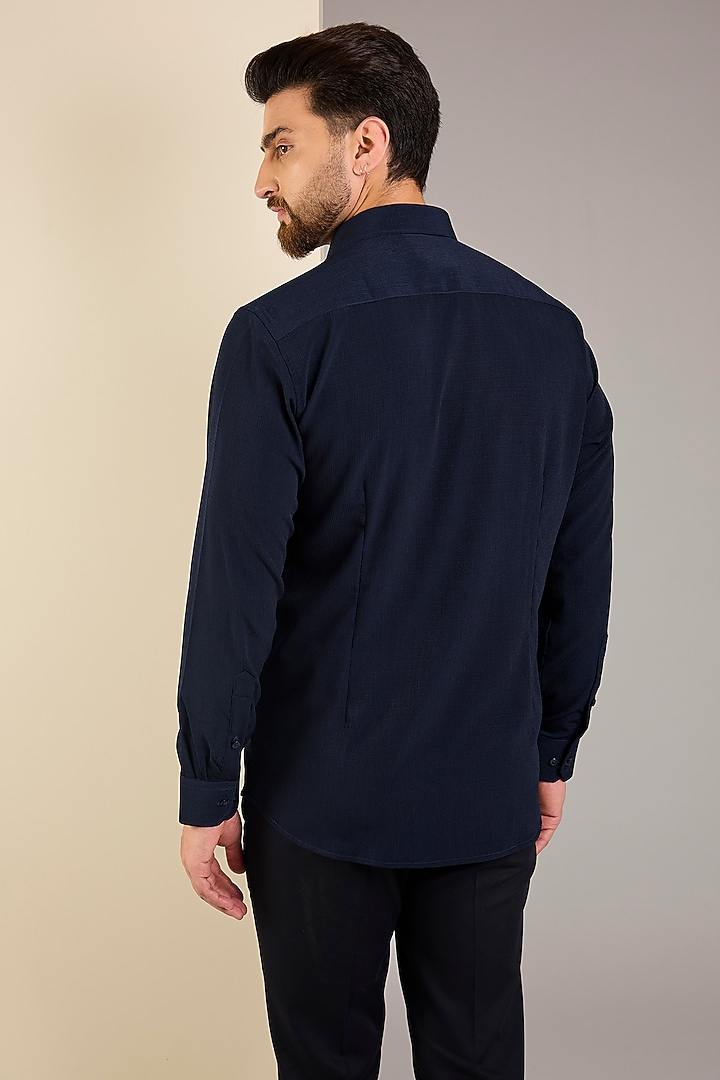 Navy Blue Knitted Fabric Party Wear Shirt by Jayesh and Kaajal Shah Men at Pernia's Pop Up Shop