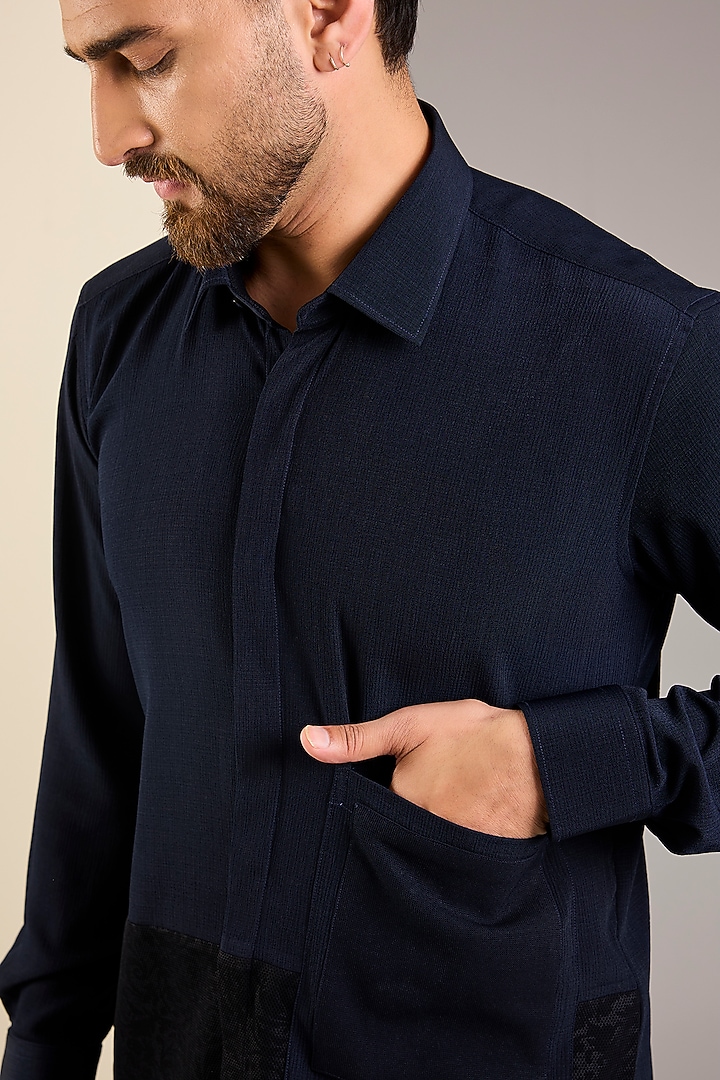 Navy Blue Knitted Fabric Party Wear Shirt by Jayesh and Kaajal Shah Men at Pernia's Pop Up Shop