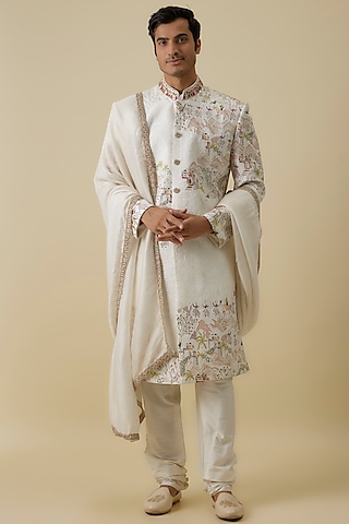 Ivory Lucknowi Sherwani Set by Jayesh and Kaajal Shah Men