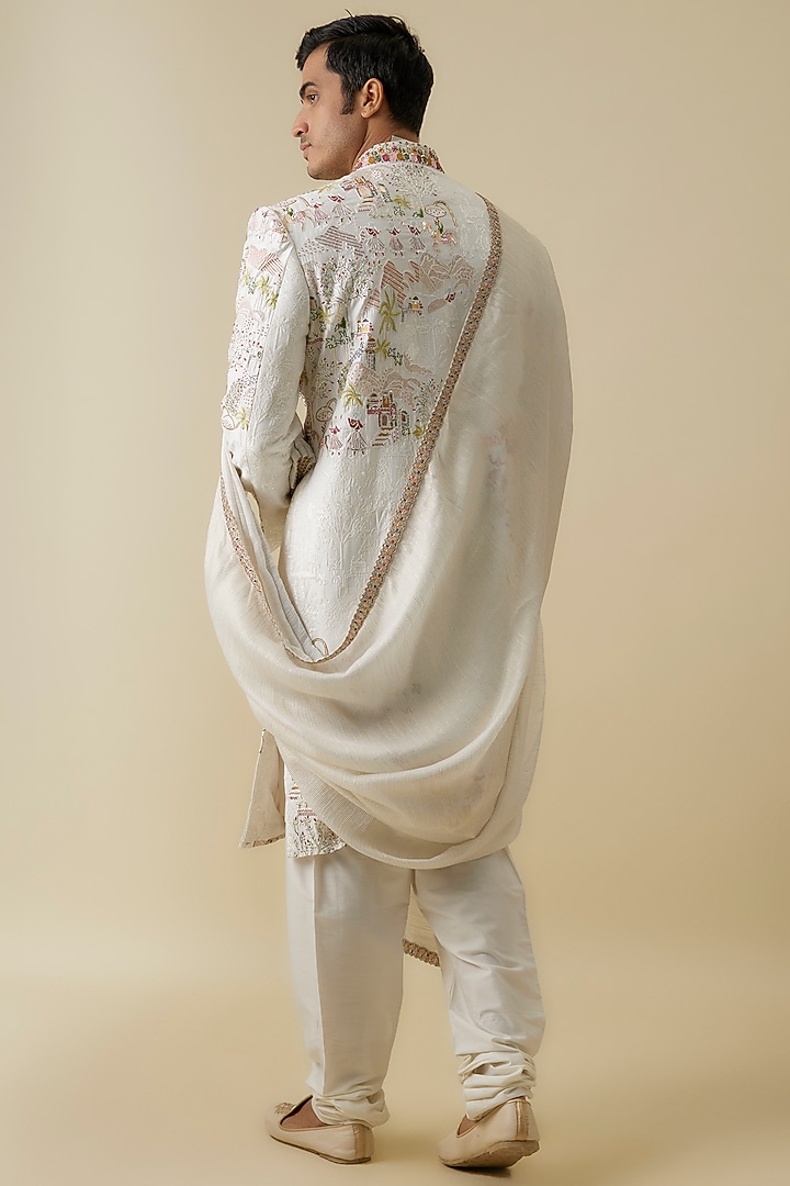 Ivory Lucknowi Groom Sherwani Set by Jayesh and Kaajal Shah Men at Pernia's Pop Up Shop