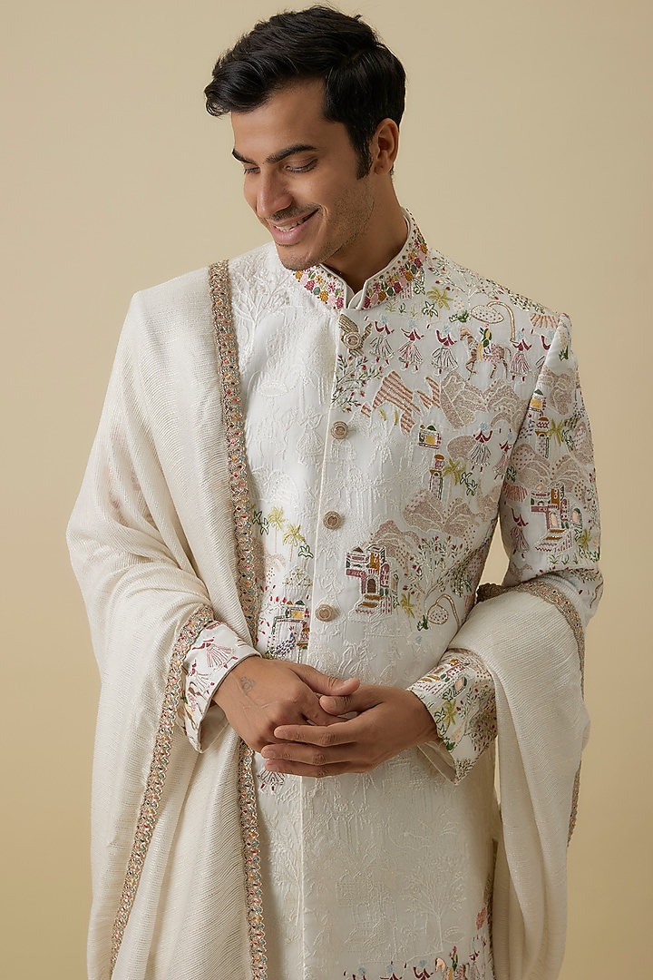 Ivory Lucknowi Groom Sherwani Set by Jayesh and Kaajal Shah Men at Pernia's Pop Up Shop