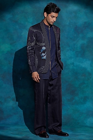 Midnight Blue Linen Silk Hand Embroidered Blazer Set by Jatin Malik