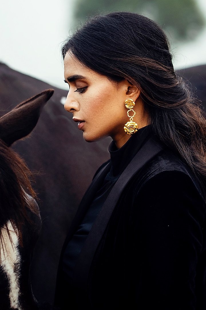 Gold Finish Floral Dangler Earrings by Jewellery by Astha Jagwani at Pernia's Pop Up Shop