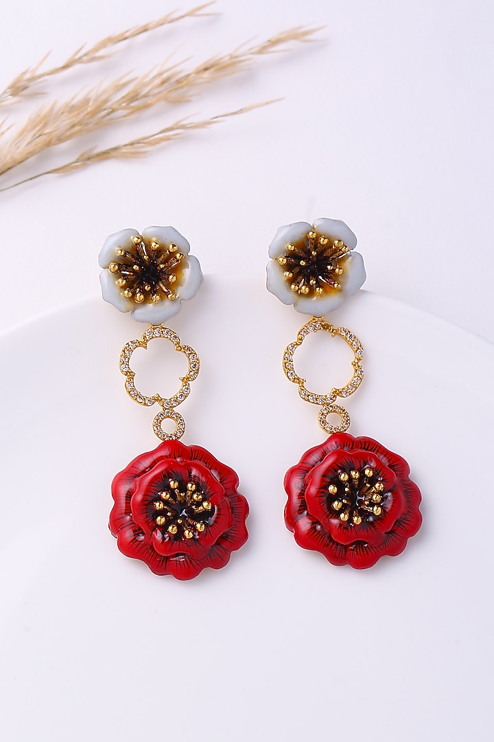 Gold Finish Enameled Floral Dangler Earrings by Jewellery by Astha Jagwani at Pernia's Pop Up Shop
