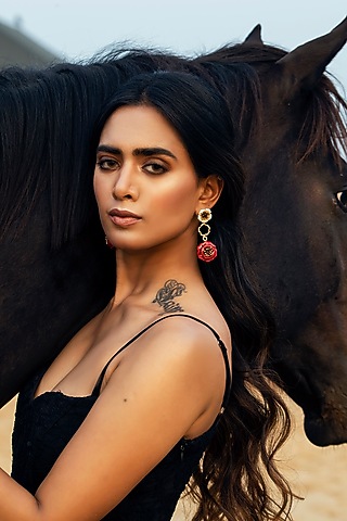 Gold Finish Enameled Floral Dangler Earrings by Jewellery by Astha Jagwani