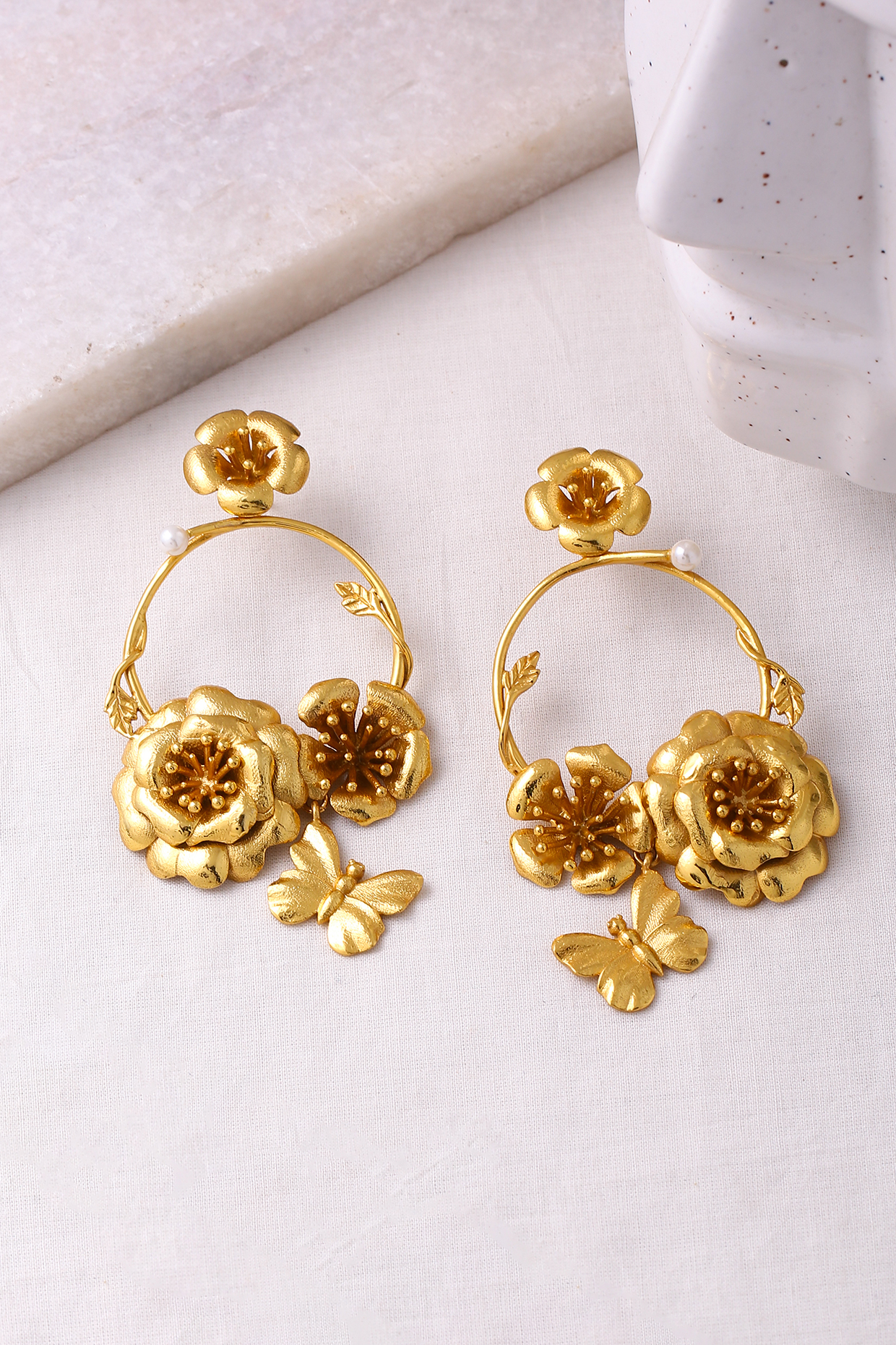 Gold Plated Butterfly & Roses Chandbali Earrings by Jewellery by Astha Jagwani
