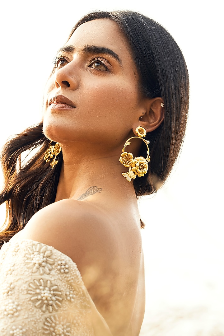 Gold Plated Butterfly & Roses Chandbali Earrings by Jewellery by Astha Jagwani at Pernia's Pop Up Shop