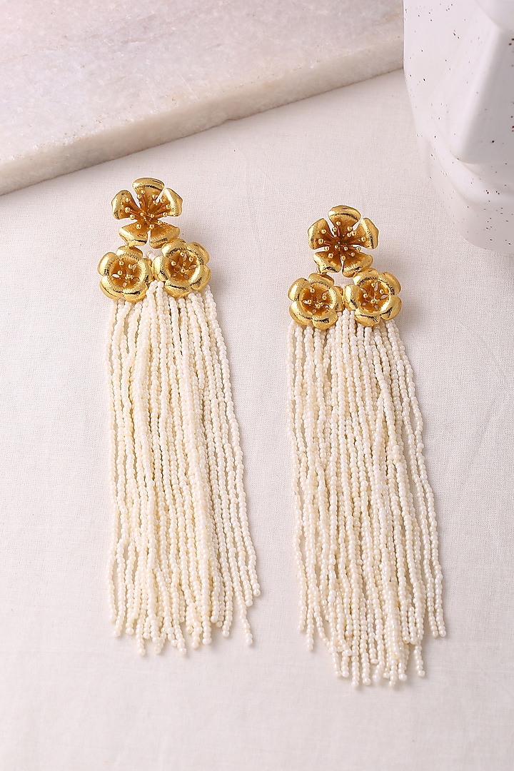 Gold Plated White Tassel Dangler Earrings by Jewellery by Astha Jagwani