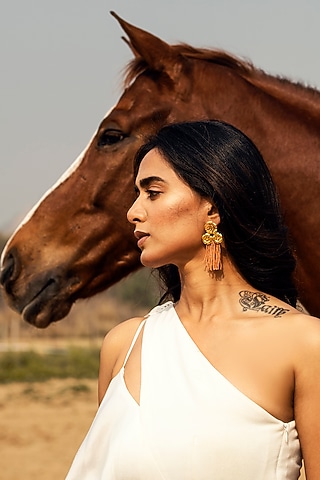 Gold Plated Coral Tassel Dangler Earrings by Jewellery by Astha Jagwani