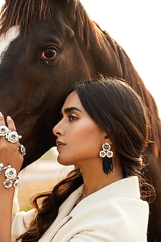 Gold Plated Black Tassel Dangler Earrings by Jewellery by Astha Jagwani