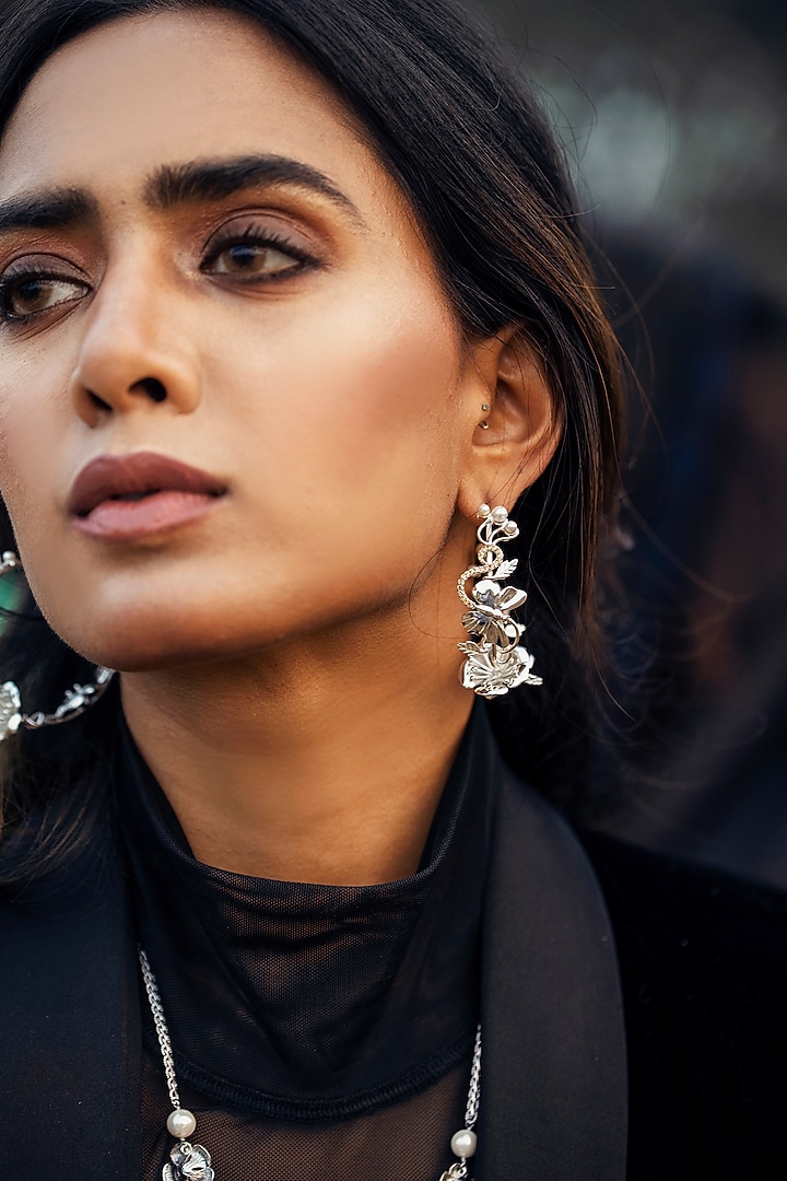 Silver Finish Pearl Hoop Earrings by Jewellery by Astha Jagwani at Pernia's Pop Up Shop