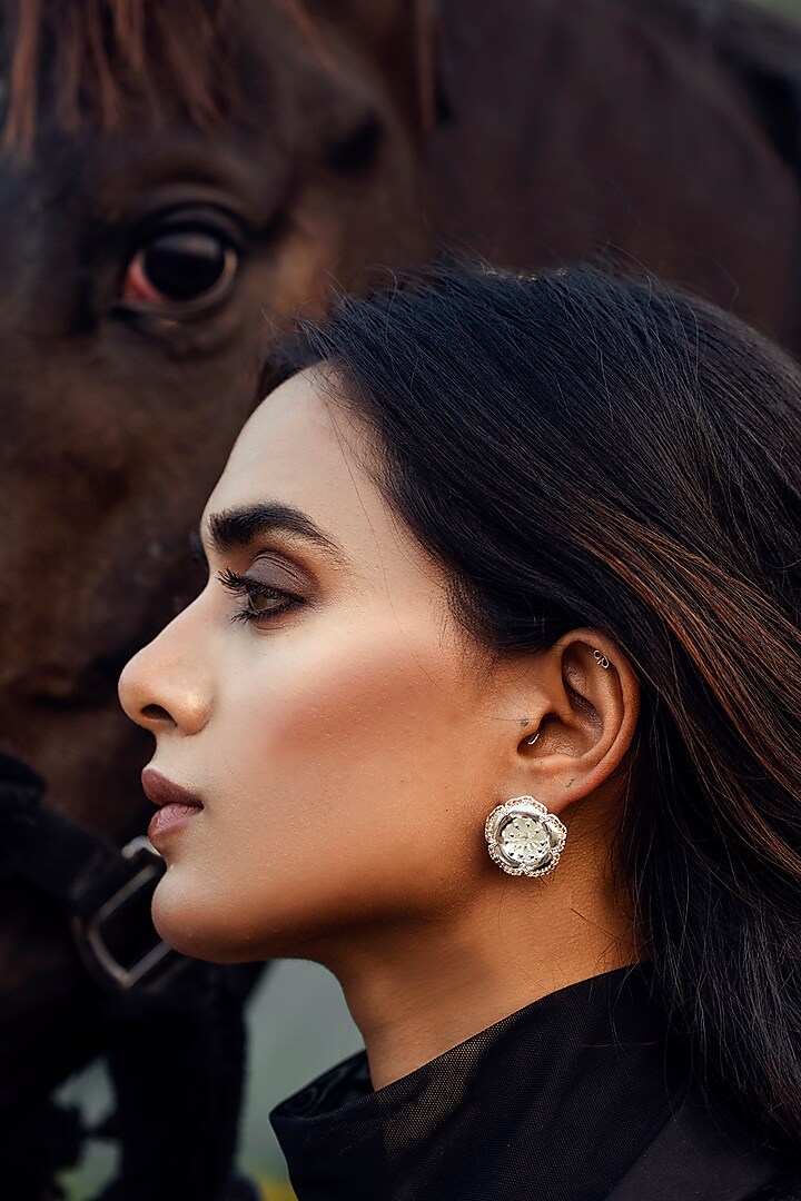 Silver Finish Stud Earrings by Jewellery by Astha Jagwani