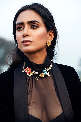 Gold Finish Stud Earrings by Jewellery by Astha Jagwani