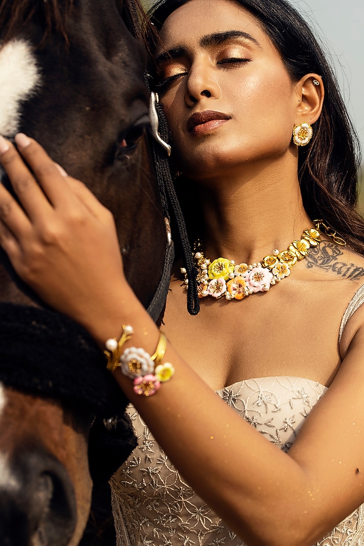 Gold Finish Grey Enameled Stud Earrings by Jewellery by Astha Jagwani at Pernia's Pop Up Shop