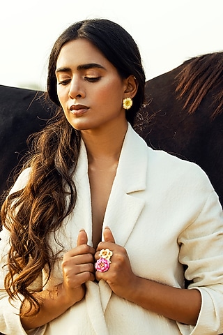 Gold Finish Yellow Enameled Stud Earrings by Jewellery by Astha Jagwani