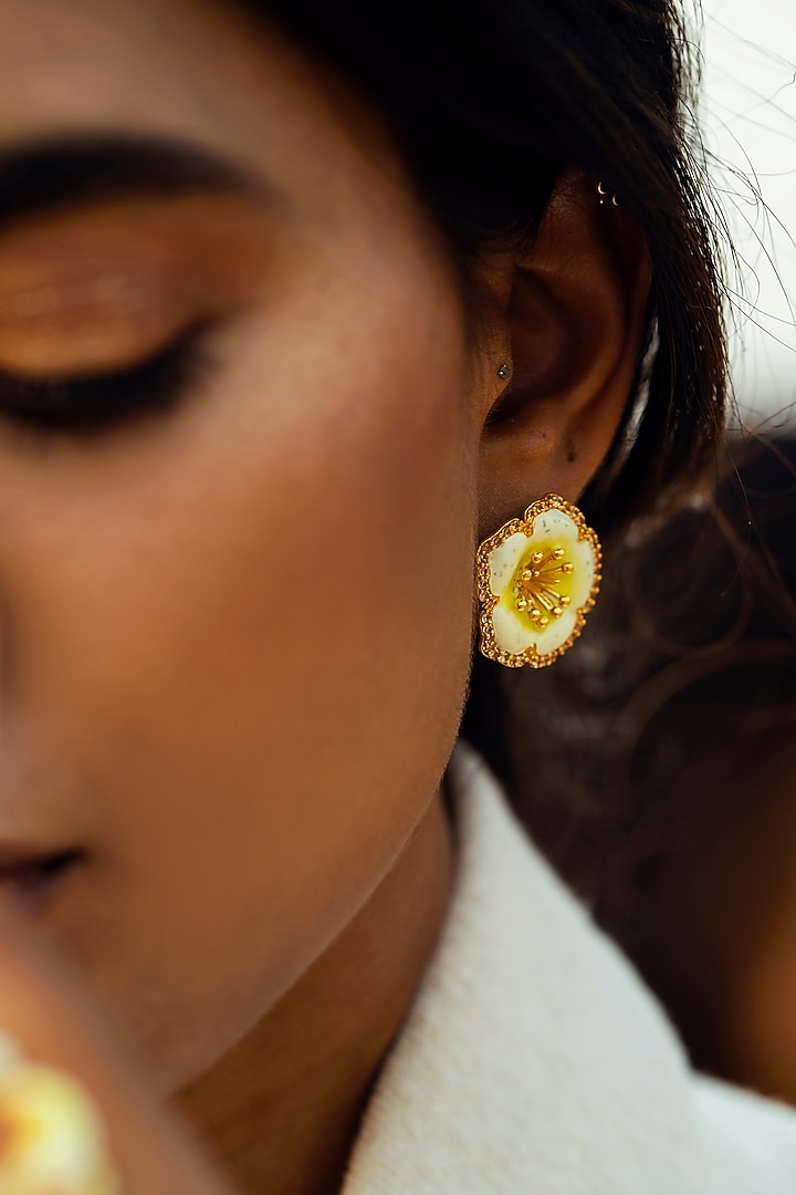 Gold Finish Yellow Enameled Stud Earrings by Jewellery by Astha Jagwani at Pernia's Pop Up Shop