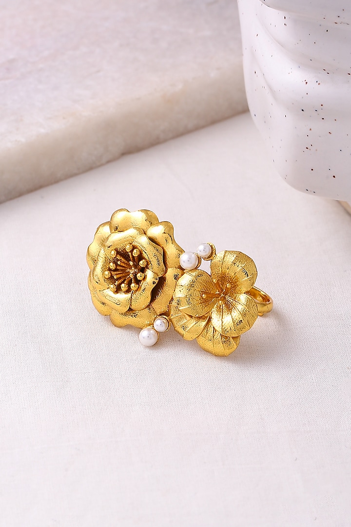 Gold Finish Floral Ring by Jewellery by Astha Jagwani