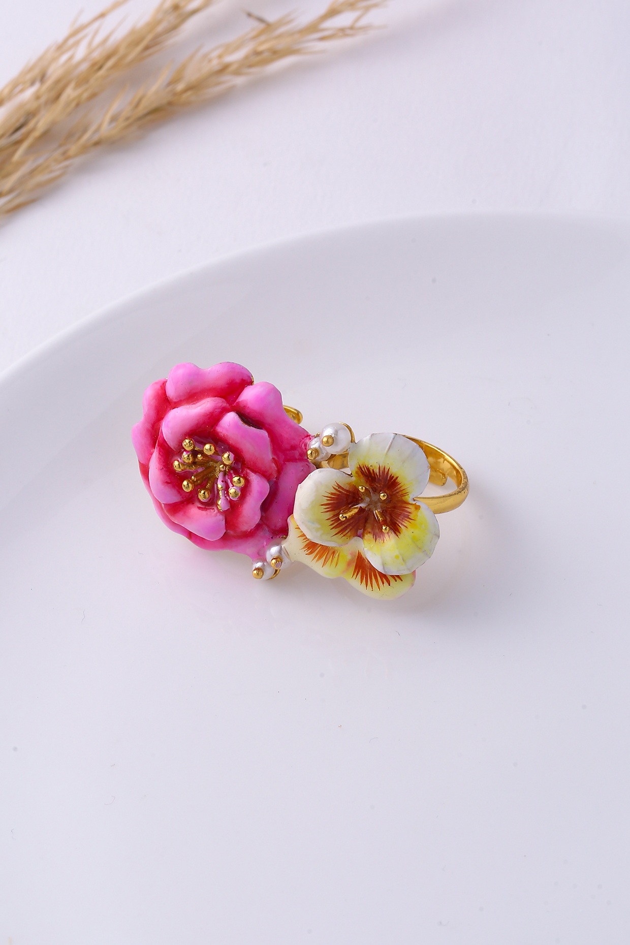 Gold Finish Hand Enameled Floral Ring by Jewellery by Astha Jagwani