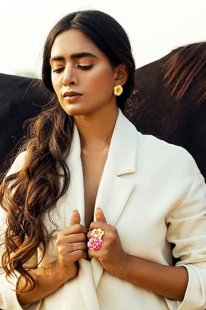 Gold Finish Hand Enameled Floral Ring by Jewellery by Astha Jagwani