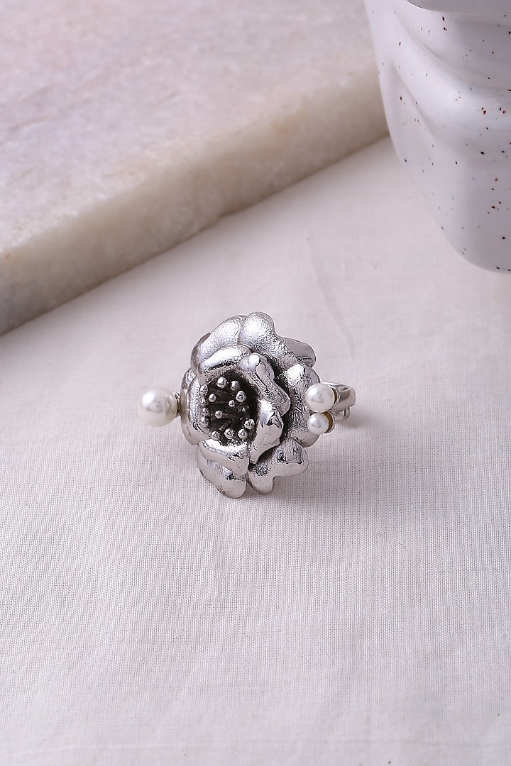 Silver Finish Pearl Floral Ring by Jewellery by Astha Jagwani