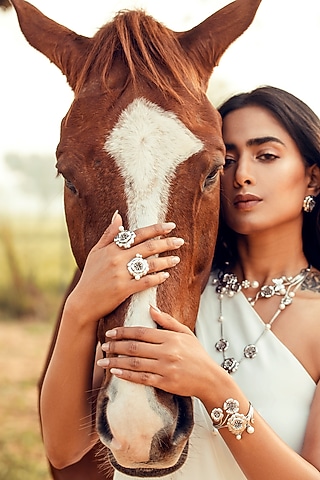Silver Finish Pearl Floral Ring by Jewellery by Astha Jagwani