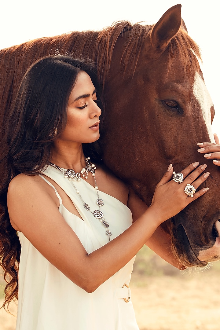 Silver Finish Pearl Floral Ring by Jewellery by Astha Jagwani at Pernia's Pop Up Shop