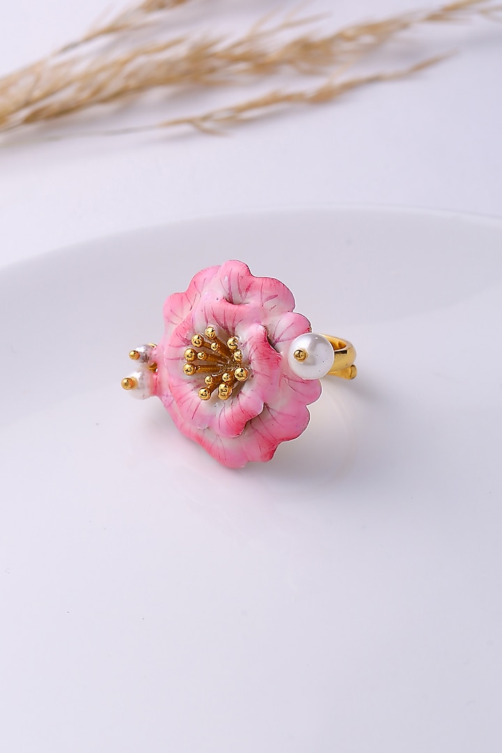 Gold Finish Enameled Pearl Floral Ring by Jewellery by Astha Jagwani