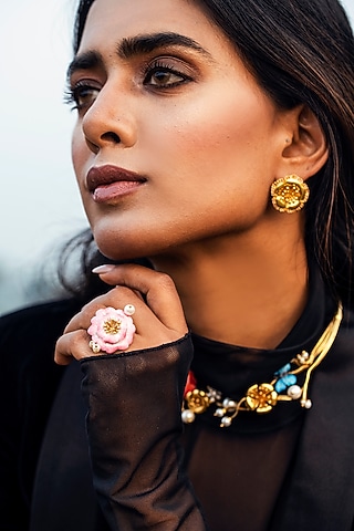 Gold Finish Enameled Pearl Floral Ring by Jewellery by Astha Jagwani