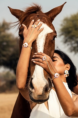 Gold Plated Pearl Floral Hand Harness by Jewellery by Astha Jagwani