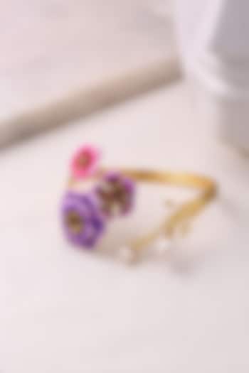 Gold Finish Purple & Pink Enameled Periwinkle Cuff by Jewellery by Astha Jagwani
