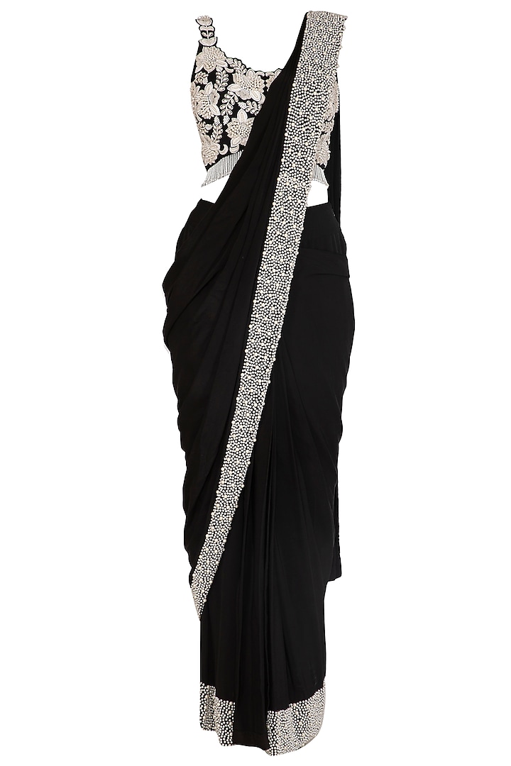 Black Embroidered Palazzo Saree Set by J by Jannat