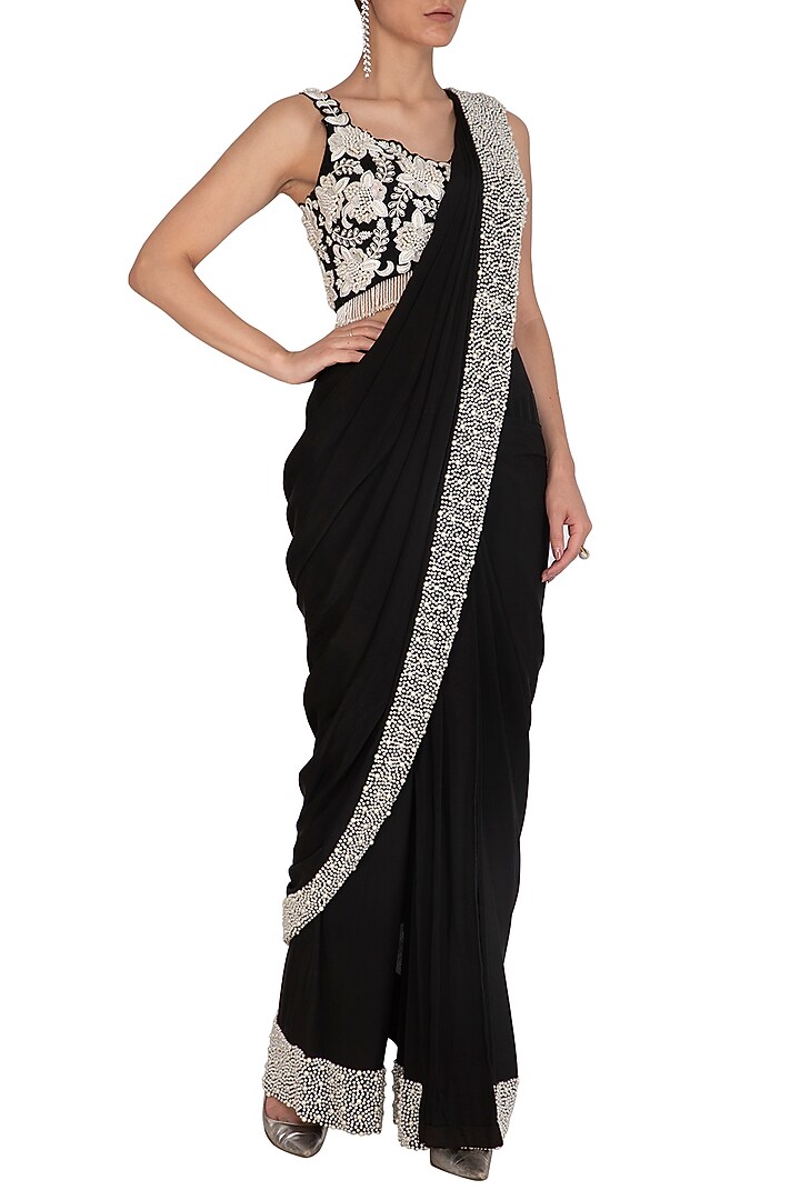 Black Embroidered Palazzo Wedding Saree Set by J by Jannat at Pernia's Pop Up Shop
