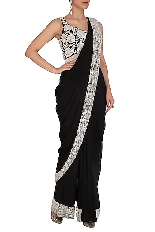 Black Embroidered Palazzo Saree Set by J by Jannat