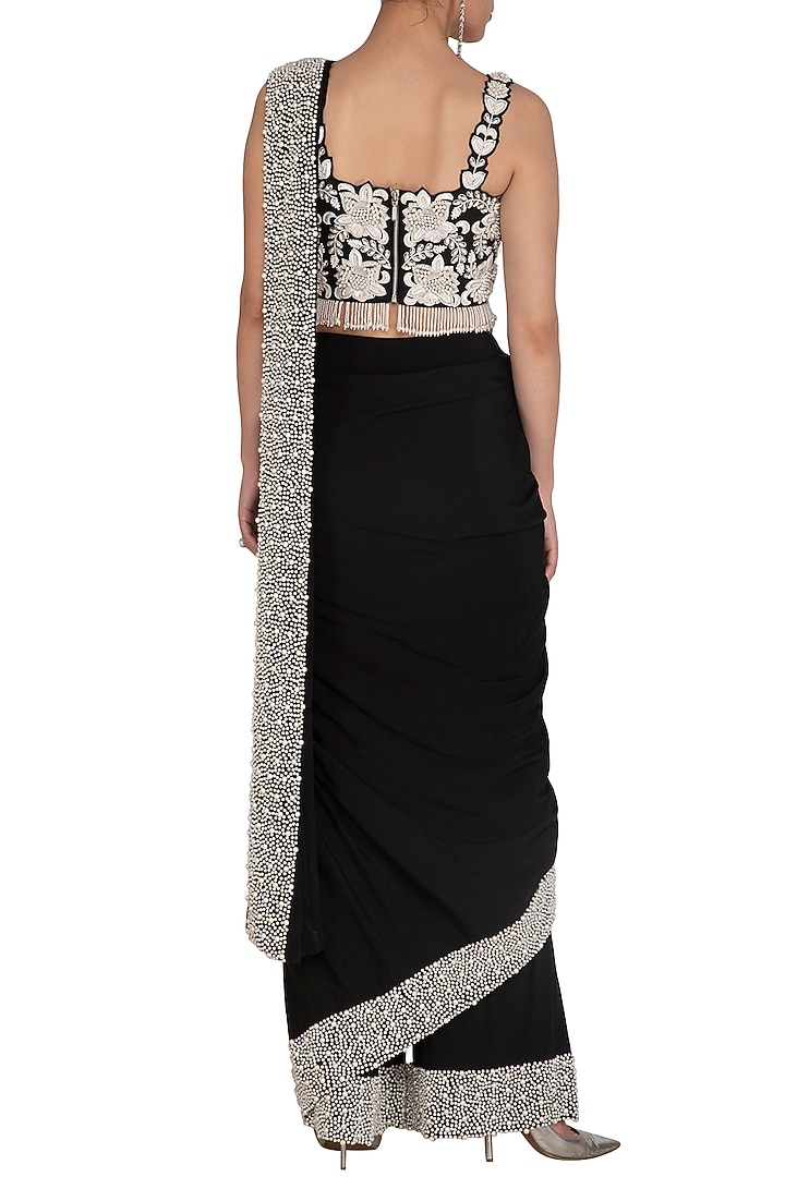 Black Embroidered Palazzo Wedding Saree Set by J by Jannat at Pernia's Pop Up Shop