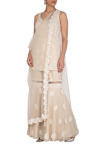 Ivory Embroidered Sharara Set by J by Jannat