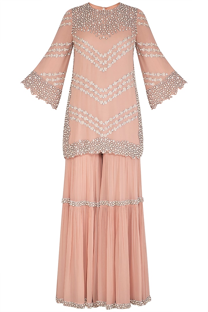 Peach Embroidered Sharara Set by J by Jannat