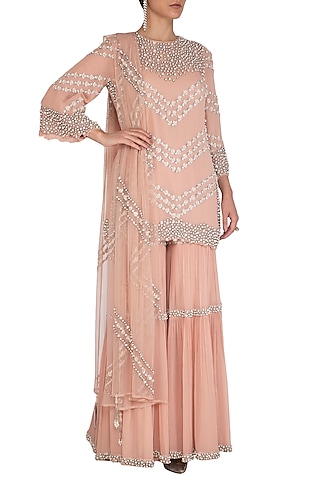 Peach Embroidered Sharara Set by J by Jannat