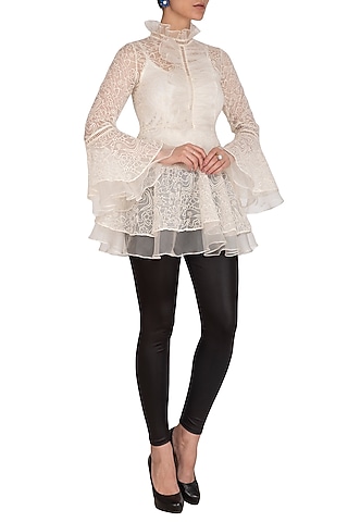 Ivory Embroidered Peplum Top With Inner by J by Jannat