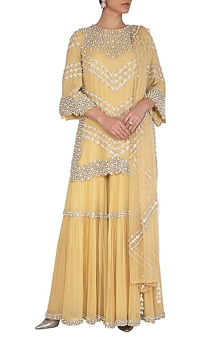 Lemon Yellow Embroidered Sharara Set by J by Jannat