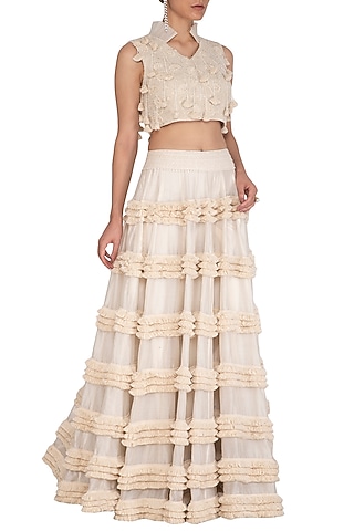 Ivory Embroidered Blouse With Lehenga Skirt by J by Jannat