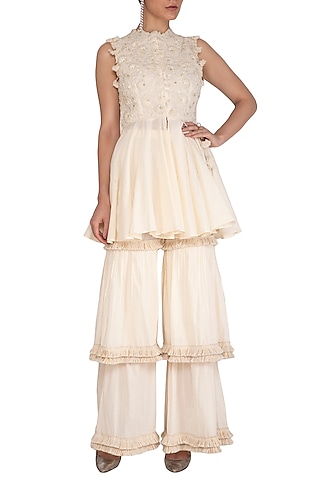Ivory Embroidered Peplum Blouse With Sharara Pants by J by Jannat