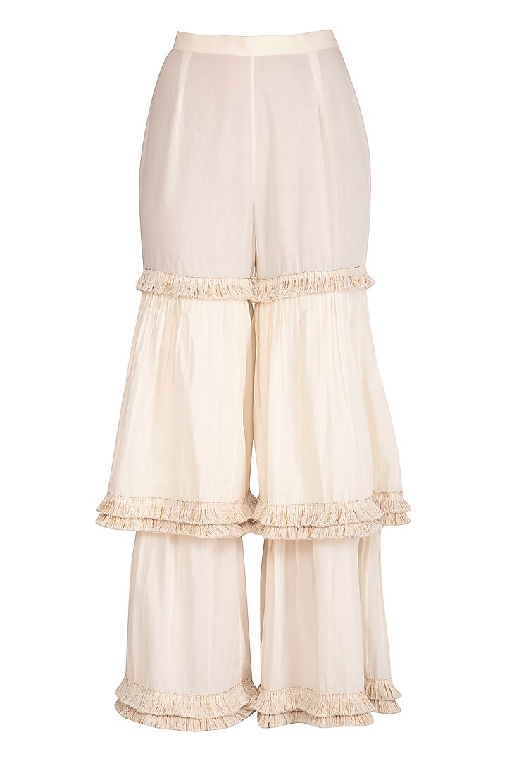 Ivory Embroidered Peplum Blouse With Wedding Sharara Pants by J by Jannat at Pernia's Pop Up Shop