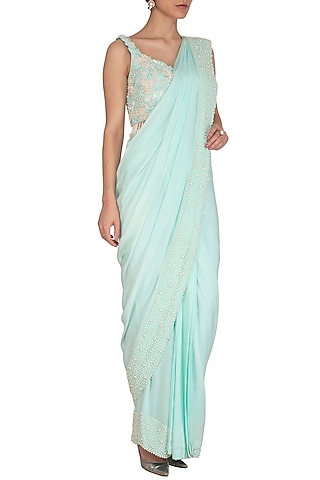 Aqua Green Embroidered Palazzo Saree Set by J by Jannat
