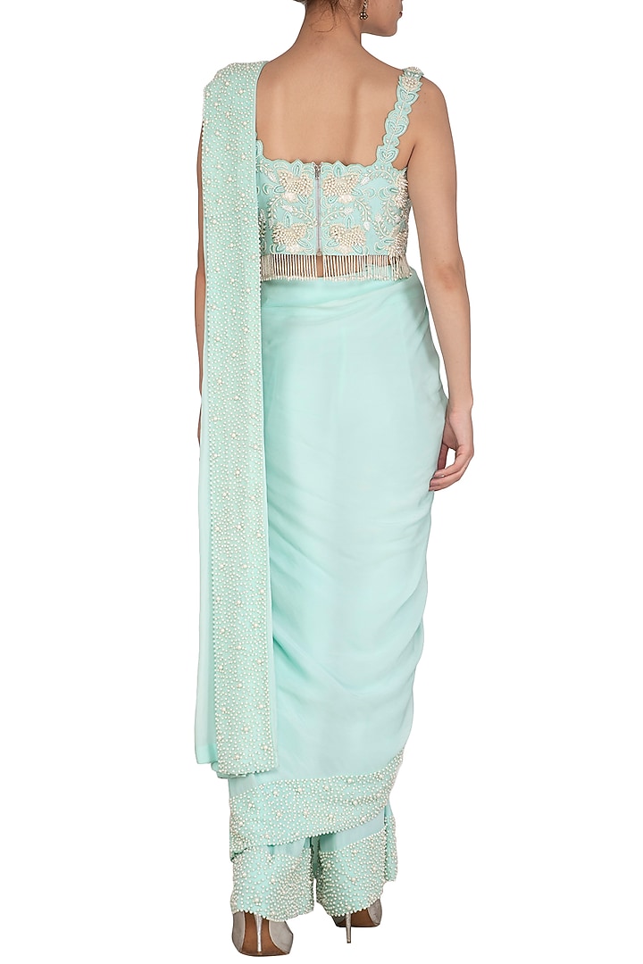 Aqua Green Embroidered Palazzo Wedding Saree Set by J by Jannat at Pernia's Pop Up Shop