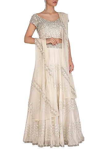 Ivory Pearl Embroidered Lehenga Set by J by Jannat