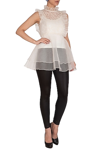 Ivory Ruffled & Embroidered Peplum Top by J by Jannat