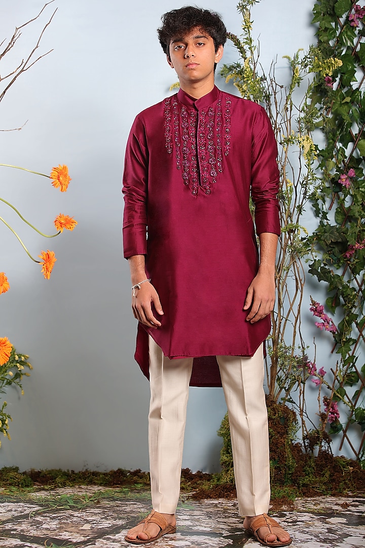 Wine Embroidered Kurta by Julie by Julie Shah Men