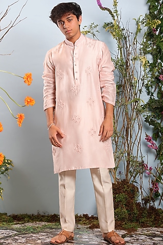 Blush Pink Embroidered Kurta by Julie by Julie Shah Men