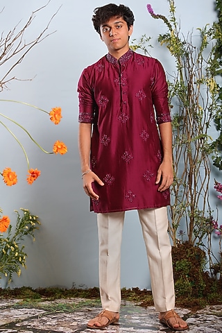 Wine Embroidered Kurta by Julie by Julie Shah Men