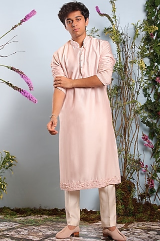 Light Pink Embroidered Kurta by Julie by Julie Shah Men